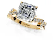 Solitaire Engagement Ring Setting for Asscher Cut Center with Bar-Station Pave Twist and Prong Head in Yellow Gold