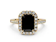 Halo Engagement Ring Setting for Fancy Black Emerald Cut Center with Narrowing Pave Band and Prong Head in Yellow Gold