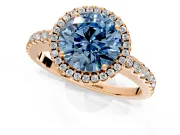 Accent Halo Engagement Ring Setting for Fancy Blue Round Cut Center with Full-Length Pave Band and Prong Head in Rose Gold