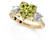 3 Stone Engagement Ring Setting for Fancy Yellow Heart-Shaped Center with Crossover Basket, Pave Band and Prong Head in Yellow Gold