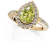 Pave Halo Engagement Ring Setting for Fancy Yellow Pear-Shaped Center with Single Row Pave Band and Prong Head in Yellow Gold