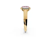 Halo Engagement Ring Setting for Fancy Pink Radiant Cut Center with Knife Ridge Cathedral Band and Prong Head in Yellow Gold