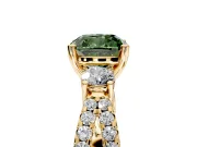 3 Stone Engagement Ring Setting for Fancy Green Cushion Cut Center with Pave Split Shank and Prong Head in Yellow Gold