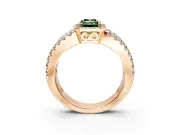 Halo Engagement Ring Setting for Fancy Green Emerald Cut Center with Wide-Open Pave Split Shank and Prong Head in Rose Gold