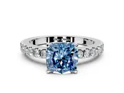Solitaire Engagement Ring Setting for Fancy Blue Cushion Cut Center with Single Row Accent Band and Prong Head in White Gold