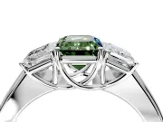 3 Stone Engagement Ring Setting for Fancy Green Emerald Cut Center with Raised Basket Heads and Prong Head in White Gold