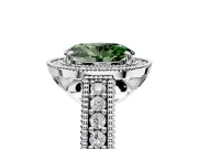 Milgrain Halo Engagement Ring Setting for Fancy Green Oval Center with Pave Band and Prong Head in White Gold