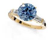 Bar-Set Engagement Ring Setting for Fancy Blue Round Cut Center with Tapered Baguette Accents and Prong Head in Yellow Gold