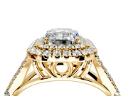Double Halo Engagement Ring Setting for Emerald Cut Center with Narrow Pave Split Shank and Prong Head in Yellow Gold