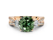 3 Stone Engagement Ring Setting for Fancy Green Round Cut Center with Pave Split Shank and Prong Head in Rose Gold