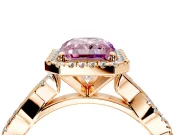 Halo Engagement Ring Setting for Fancy Pink Radiant Cut Center with Pave and Plain Twist Band and Prong Head in Rose Gold