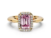Halo Engagement Ring Setting for Fancy Pink Emerald Cut Center with Tapered Plain Band and Prong Head in Yellow Gold