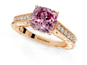 Solitaire Engagement Ring Setting for Fancy Pink Cushion Cut Center with Engraved Pave Band and Prong Head in Rose Gold