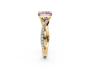 Crossover Engagement Ring Setting for Fancy Pink Radiant Cut Center with Pave and Plain Strands and Prong Head in Yellow Gold