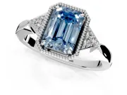 Cluster Engagement Ring Setting for Fancy Blue Emerald Cut Center with Milgrain Shoulder Clusters and Prong Head in Sterling Silver