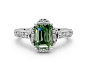 Floral Engagement Ring Setting for Fancy Green Emerald Cut Center with Four Accent Clusters and Prong Head in Platinum