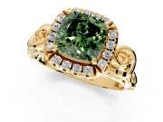 Halo Engagement Ring Setting for Fancy Green Cushion Cut Center with Open Scroll Shoulders and Prong Head in Yellow Gold