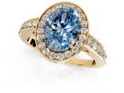 Bezel-Framed Halo Engagement Ring Setting for Fancy Blue Oval Center with Pave Band and Prong Head in Yellow Gold