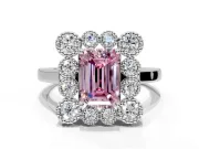 Cluster Halo Engagement Ring Setting for Fancy Pink Emerald Cut Center with Milgrain Bezel Accents and Prong Head in White Gold