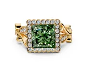 Halo Engagement Ring Setting for Fancy Green Princess Cut Center with Leaf Motif Split Shank and Prong Head in Yellow Gold