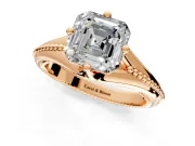Solitaire Engagement Ring Setting for Asscher Cut Center with Milgrain Cathedral Band and Prong Head in Rose Gold