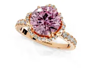 Halo Engagement Ring Setting for Fancy Pink Round Cut Center with Openwork Halo, Pave Band and Prong Head in Rose Gold