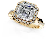 Halo Engagement Ring Setting for Asscher Cut Center with Pave and Plain Twist Band and Prong Head in Yellow Gold
