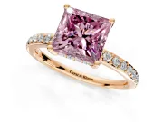 Solitaire Engagement Ring Setting for Fancy Pink Princess Cut Center with Fine Pave Band and Prong Head in Rose Gold