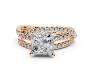 Solitaire Engagement Ring Setting for Princess Cut Center with Woven 3-Strand Pave Band and Prong Head in Rose Gold