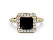 Halo Engagement Ring Setting for Fancy Black Asscher Cut Center with Pave Accents, Heart Basket and Prong Head in Yellow Gold