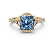 Floral Engagement Ring Setting for Fancy Blue Princess Cut Center with Pave Band and Floral Prong Head in Yellow Gold