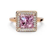 Halo Engagement Ring Setting for Fancy Pink Princess Cut Center with Plain Tapered Band and Prong Head in Rose Gold