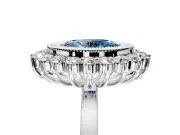 Halo Engagement Ring Setting for Fancy Blue Oval Center with Milgrain Bezel Rim, Plain Band and Prong Head in Platinum