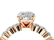 Shared-Prong Engagement Ring Setting for Cushion Cut Center with Graduated Accents and Prong Head in Rose Gold