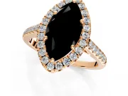 Halo Engagement Ring Setting for Fancy Black Marquise Center with Narrowing Pave Band and Prong Head in Rose Gold