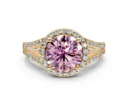 Halo Engagement Ring Setting for Fancy Pink Round Cut Center with Pave Split Shank and Prong Head in Yellow Gold