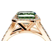 Halo Engagement Ring Setting for Fancy Green Asscher Cut Center with Narrow Pave Split Shank and Prong Head in Rose Gold