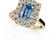 Single Halo Engagement Ring Setting for Fancy Blue Emerald Cut Center with Corner Claws, Plain Band and Prong Head in Yellow Gold