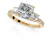 3 Stone Engagement Ring Setting for Cushion Cut Center with Round Cut Side Accents and Prong Head in Yellow Gold