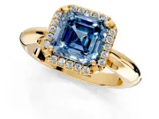 Halo Engagement Ring Setting for Fancy Blue Asscher Cut Center with Tapered Plain Band and Prong Head in Yellow Gold