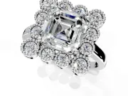 Cluster Halo Engagement Ring Setting for Asscher Cut Center with Milgrain Bezel Accents and Prong Head in Platinum