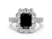 Halo Engagement Ring Setting for Fancy Black Emerald Cut Center with Milgrain Channel Band and Prong Head in White Gold