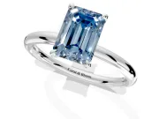 Hidden Halo Engagement Ring Setting for Fancy Blue Emerald Cut Center with Thin Rounded Band and Prong Head in Platinum