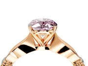 Solitaire Engagement Ring Setting for Fancy Pink Oval Center with Carved Leaf Shoulders and Prong Head in Rose Gold