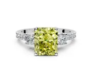 3 Stone Engagement Ring Setting for Fancy Yellow Radiant Cut Center with Round Cut Side Accents and Prong Head in White Gold