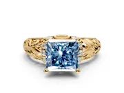 Solitaire Engagement Ring Setting for Fancy Blue Princess Cut Center with Filigree Accent Basket and Prong Head in Yellow Gold