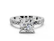 Solitaire Engagement Ring Setting for Princess Cut Center with Scrollwork Band and Prong Head in Platinum