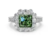 Halo Engagement Ring Setting for Fancy Green Princess Cut Center with Milgrain Channel Band and Prong Head in White Gold