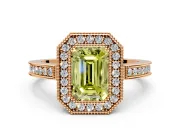 Halo Engagement Ring Setting for Fancy Yellow Emerald Cut Center with Milgrain Halo, Pave Band and Prong Head in Rose Gold