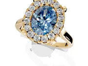 Single Halo Engagement Ring Setting for Fancy Blue Oval Center with Corner Claws, Plain Band and Prong Head in Yellow Gold